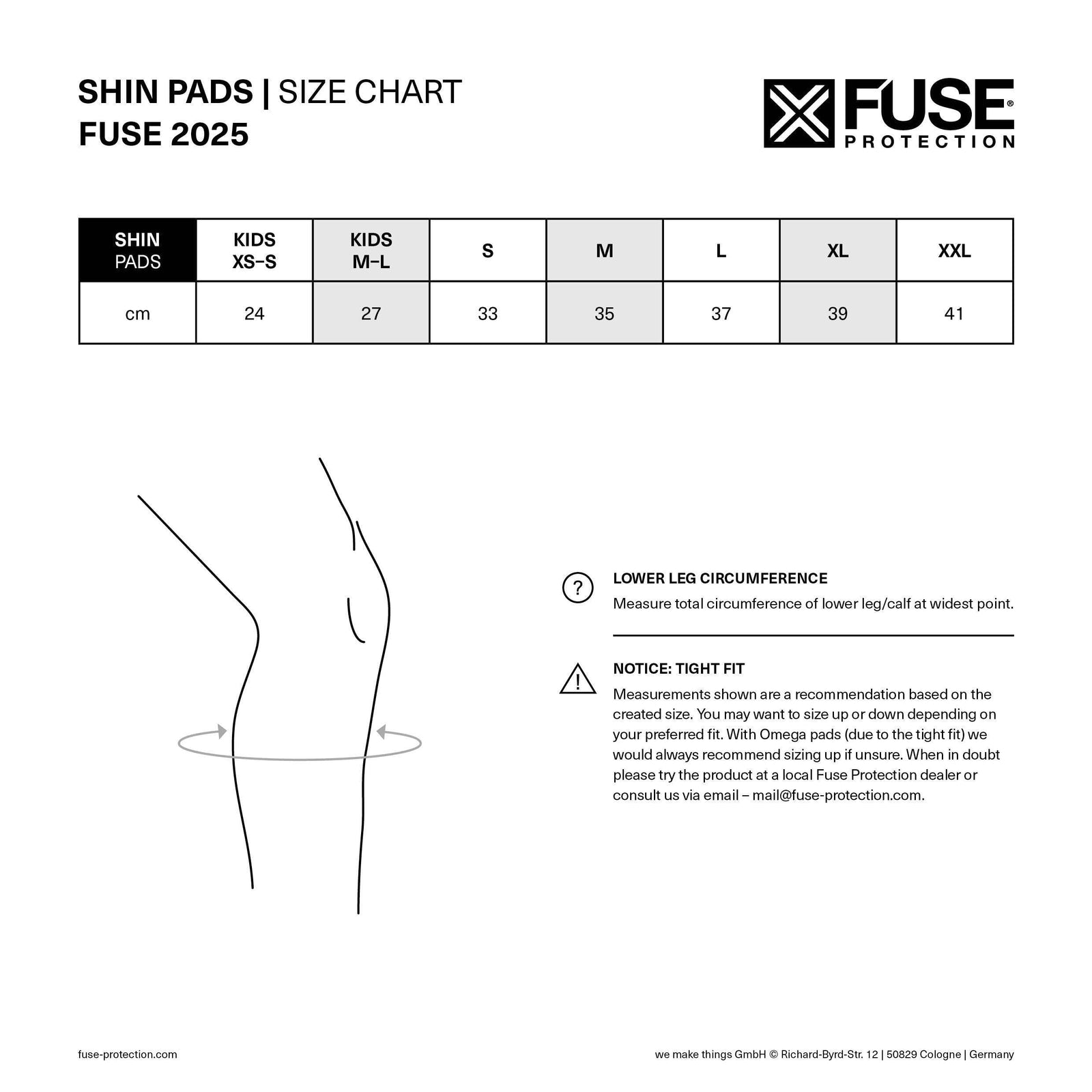 FUSE Omega PRO Shin Pad Combo size chart and fitting guide.
